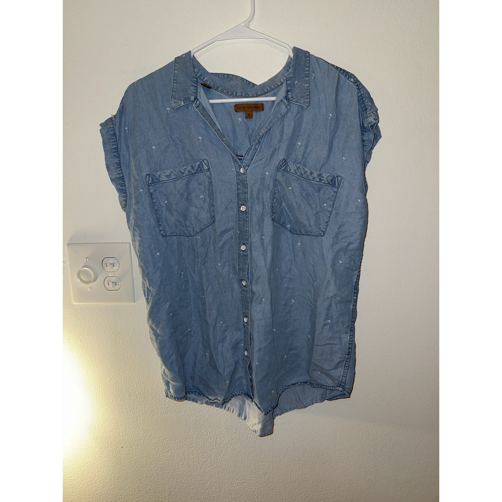 Jachs Girlfriend Palm Tree Print Chambray Denim Shirt Womens‎ Size M